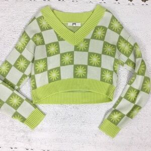 Lemon Lime Starburst Sunshine Checkerboard Crop Sweater Madden NYC size S